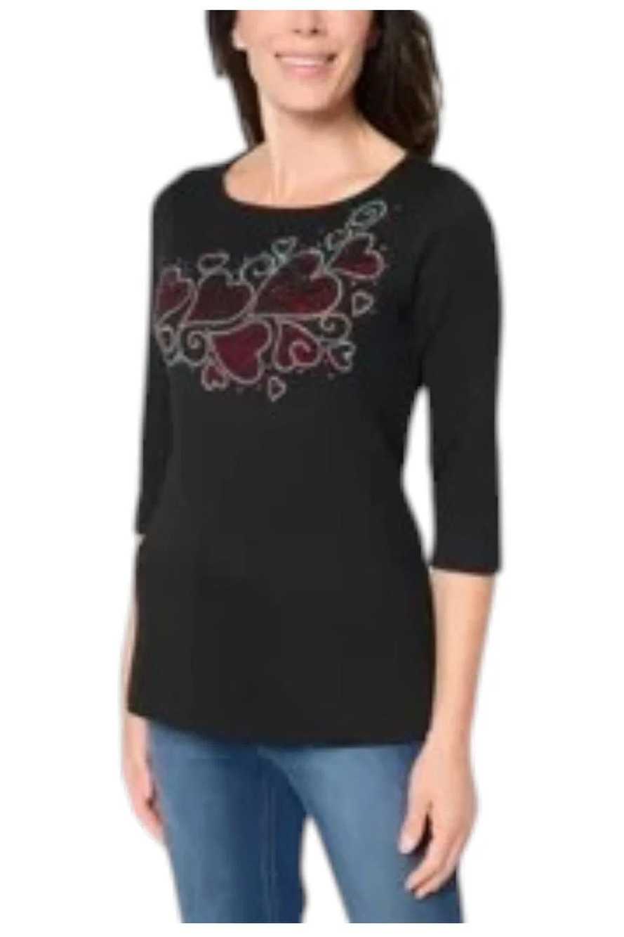 Quacker Factory Women's Heart 2 Heart Bateau 3/4 Slv Top Black - Regular
